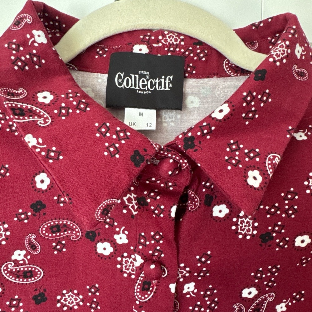 Collectif Burgundy Clarabelle Bandana Tie Up Blouse - Picture 2 of 3
